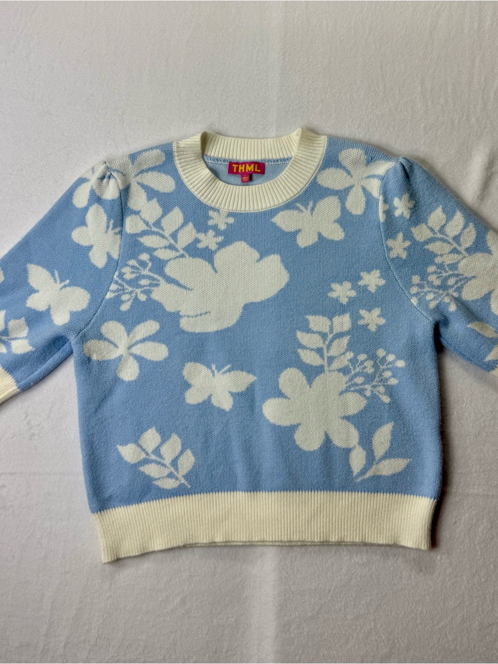 THML Women’s Large Blue & Ivory Floral Butterfly Puff Sleeve Knit Sweater Top - Picture 5 of 13